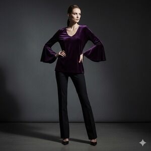 Prelude Purple Velvet Whimsigoth Dark Fairy Goth Bell‎ Sleeve Top L V-Neck USA